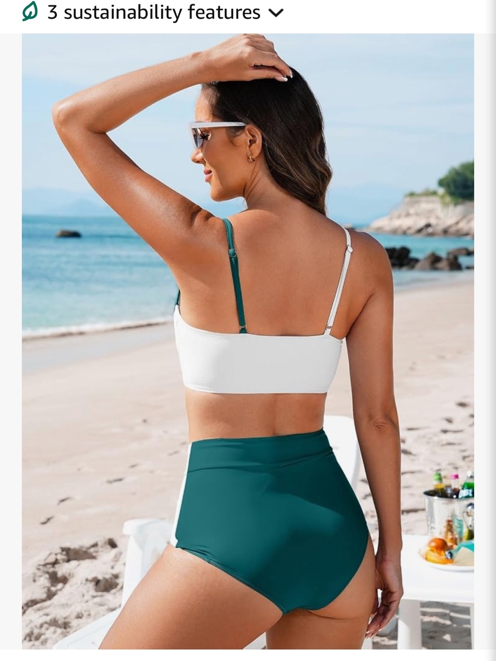 Teal and White Asymmetric High-Waist Bikini Set - Picture 3 of 4